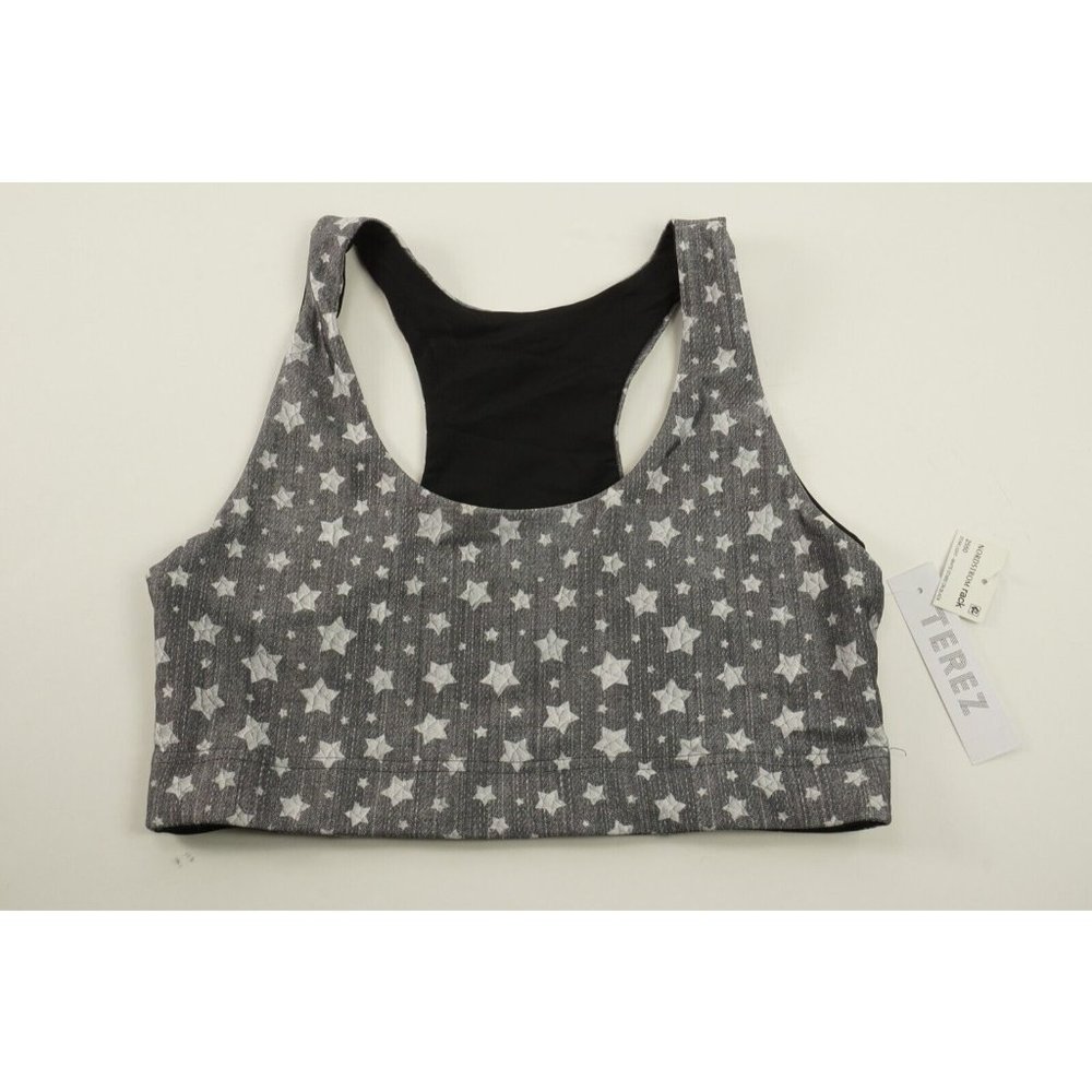 New Terez Hi-Shine Medium Impact Racerback Wireless Sports Bra Size L Grey Star